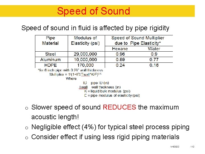 Speed of Sound Speed of sound in fluid is affected by pipe rigidity o