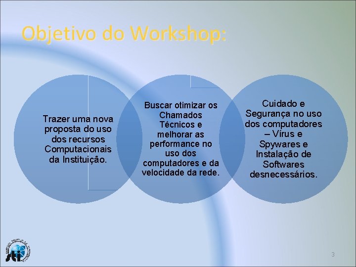 Objetivo do Workshop: Trazer uma nova proposta do uso dos recursos Computacionais da Instituição.