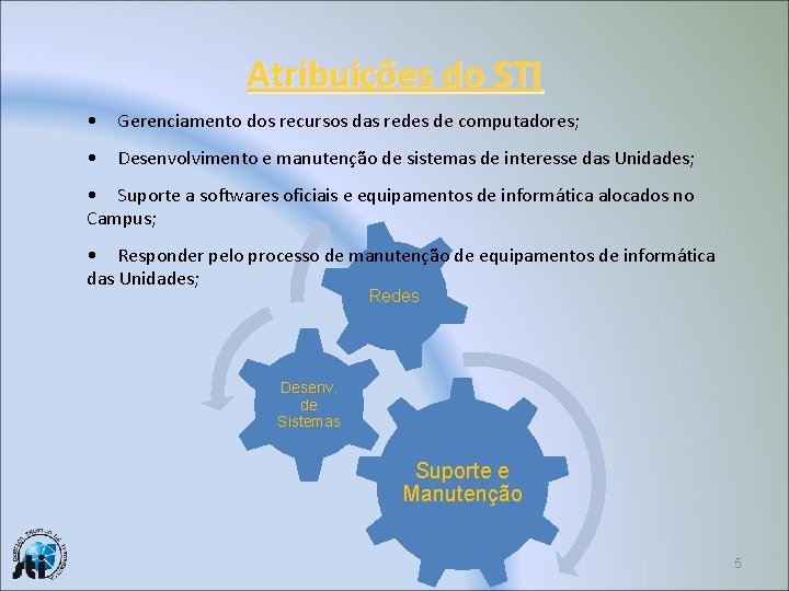 Atribuições do STI • Gerenciamento dos recursos das redes de computadores; • Desenvolvimento e