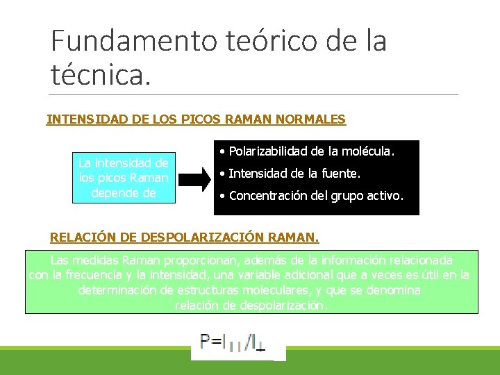 Fundamento teórico de la técnica. INTENSIDAD DE LOS PICOS RAMAN NORMALES La intensidad de