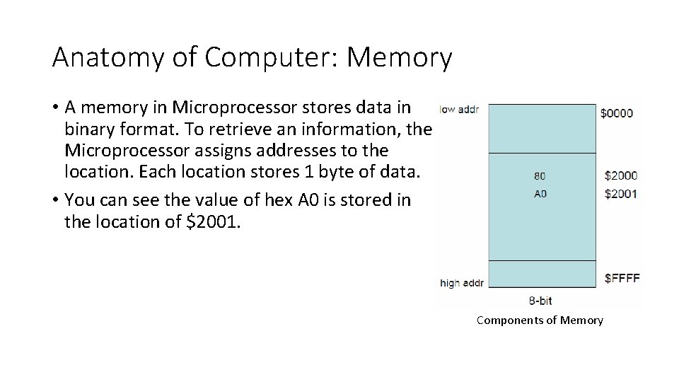 Anatomy of Computer: Memory • A memory in Microprocessor stores data in binary format. Anatomy of Computer: Memory • A memory in Microprocessor stores data in binary format.