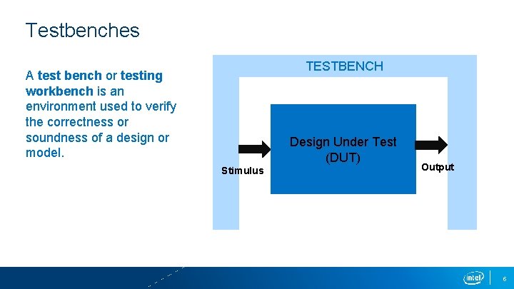 Testbenches TESTBENCH A test bench or testing workbench is an environment used to verify