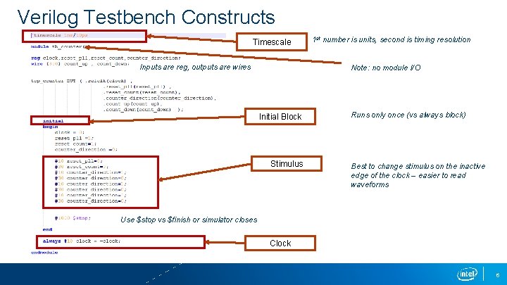 Verilog Testbench Constructs Timescale Inputs are reg, outputs are wires 1 st number is