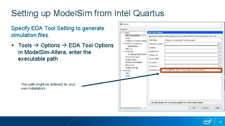 Setting up Model. Sim from Intel Quartus Specify EDA Tool Setting to generate simulation