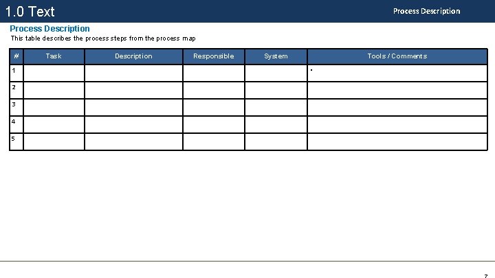 1. 0 Text Process Description This table describes the process steps from the process