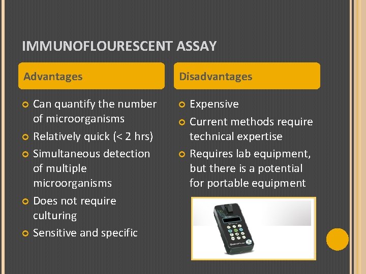 IMMUNOFLOURESCENT ASSAY Advantages Disadvantages Can quantify the number of microorganisms Relatively quick (< 2
