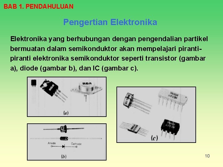 BAB 1. PENDAHULUAN Pengertian Elektronika yang berhubungan dengan pengendalian partikel bermuatan dalam semikonduktor akan