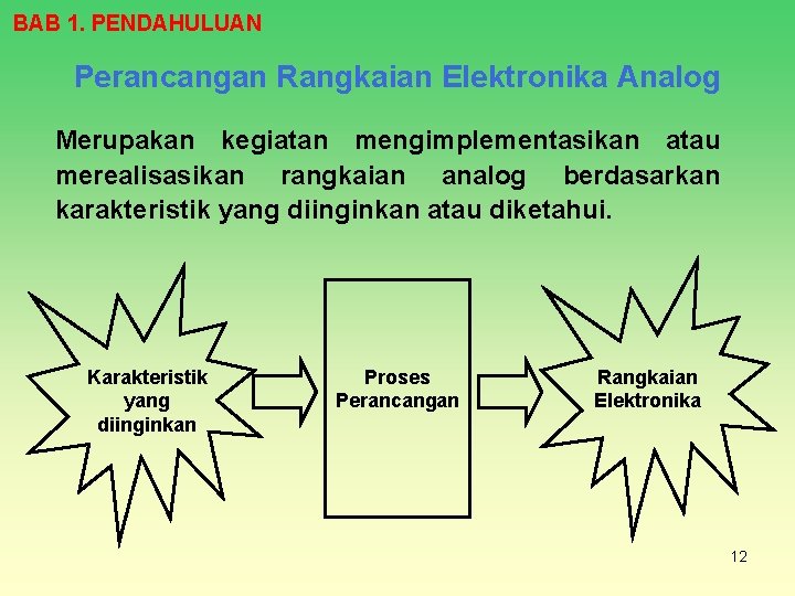 BAB 1. PENDAHULUAN Perancangan Rangkaian Elektronika Analog Merupakan kegiatan mengimplementasikan atau merealisasikan rangkaian analog