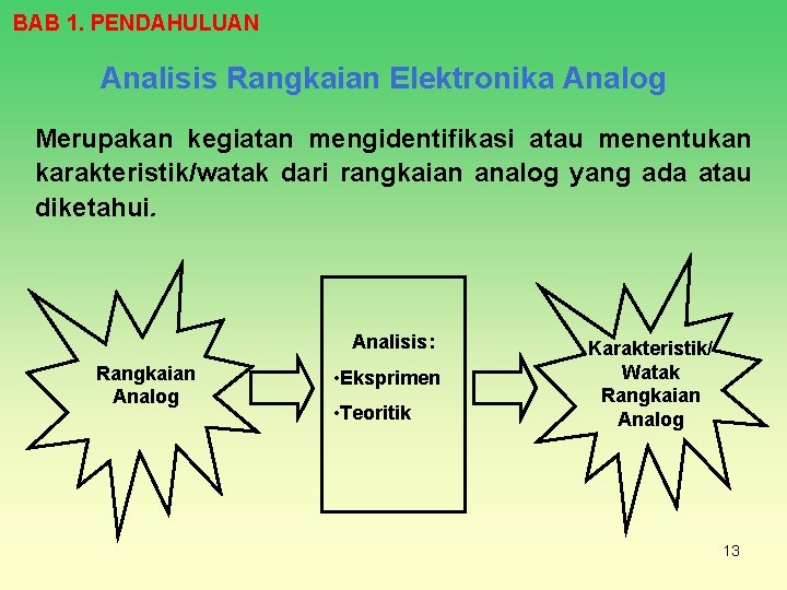 BAB 1. PENDAHULUAN Analisis Rangkaian Elektronika Analog Merupakan kegiatan mengidentifikasi atau menentukan karakteristik/watak dari