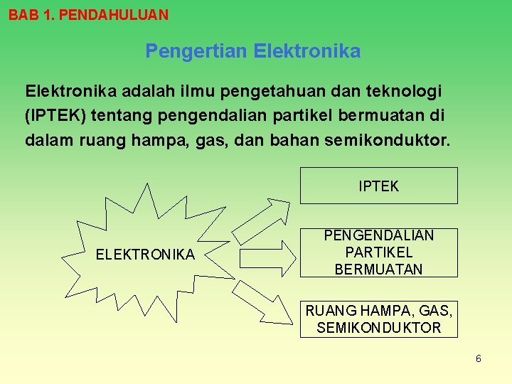 BAB 1. PENDAHULUAN Pengertian Elektronika adalah ilmu pengetahuan dan teknologi (IPTEK) tentang pengendalian partikel