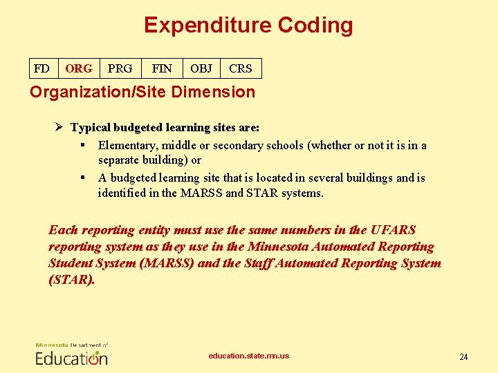 Expenditure Coding FD ORG PRG FIN OBJ CRS Organization/Site Dimension Ø Typical budgeted learning