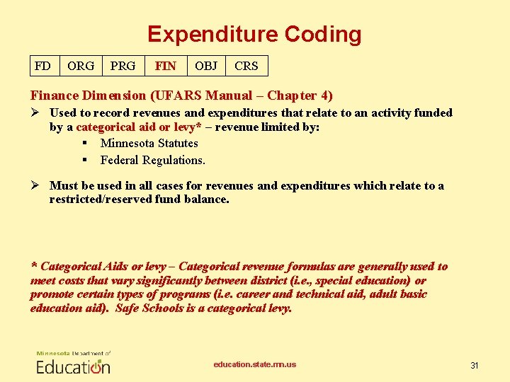 Expenditure Coding FD ORG PRG FIN OBJ CRS Finance Dimension (UFARS Manual – Chapter