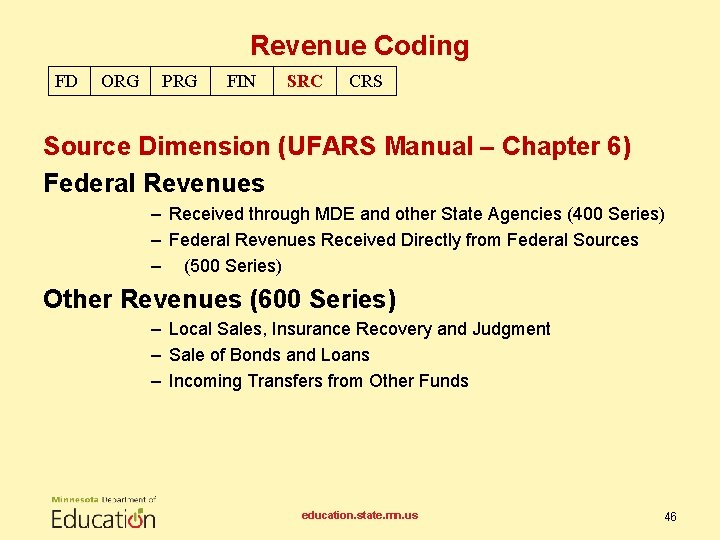 Revenue Coding FD ORG PRG FIN SRC CRS Source Dimension (UFARS Manual – Chapter