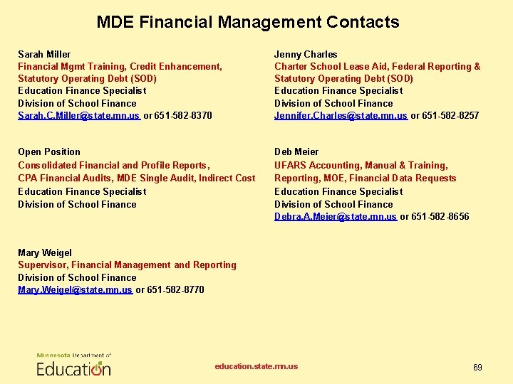 MDE Financial Management Contacts Sarah Miller Financial Mgmt Training, Credit Enhancement, Statutory Operating Debt