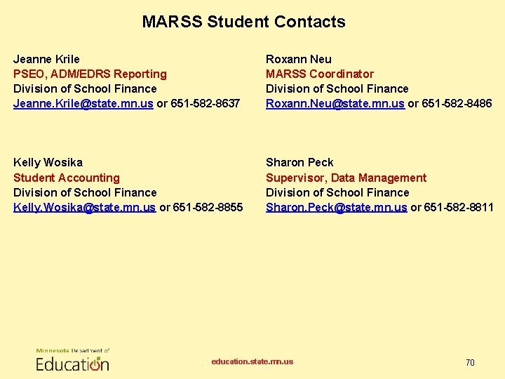 MARSS Student Contacts Jeanne Krile PSEO, ADM/EDRS Reporting Division of School Finance Jeanne. Krile@state.