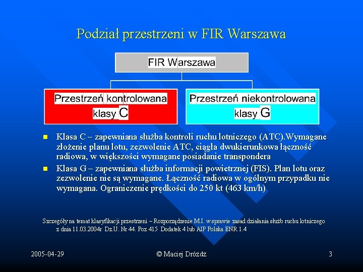 Podział przestrzeni w FIR Warszawa n n Klasa C – zapewniana służba kontroli ruchu