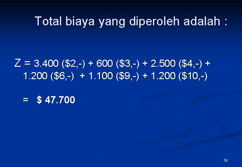Total biaya yang diperoleh adalah : Z = 3. 400 ($2, -) + 600