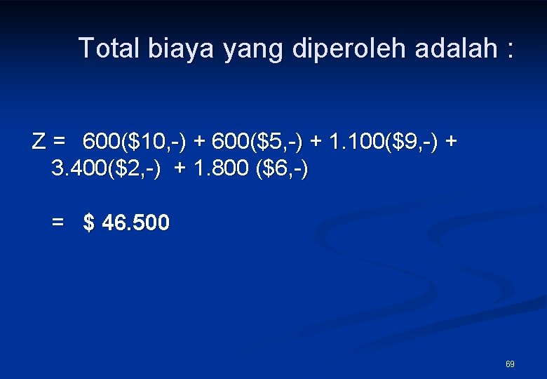 Total biaya yang diperoleh adalah : Z = 600($10, -) + 600($5, -) +