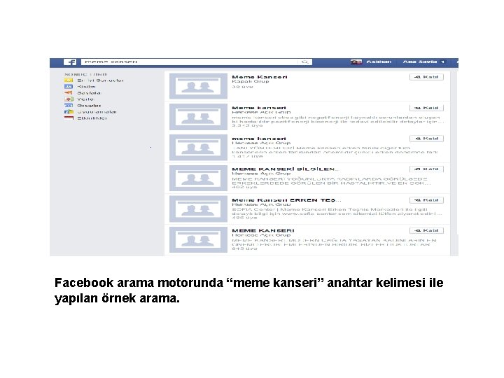 Facebook arama motorunda “meme kanseri” anahtar kelimesi ile yapılan örnek arama. 