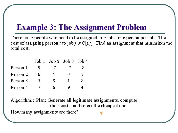 Example 3: The Assignment Problem There are n people who need to be assigned