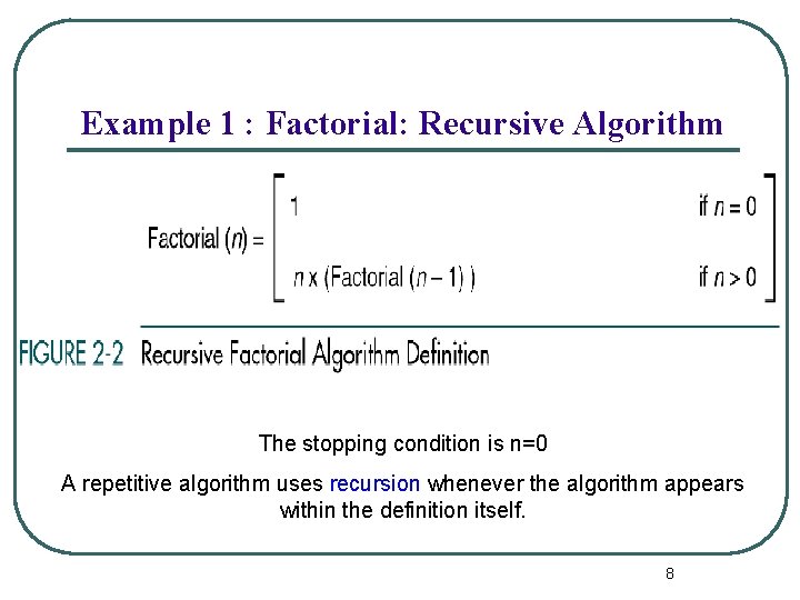 Example 1 : Factorial: Recursive Algorithm The stopping condition is n=0 A repetitive algorithm