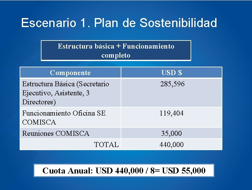 Escenario 1. Plan de Sostenibilidad Estructura básica + Funcionamiento completo Componente Estructura Básica (Secretario