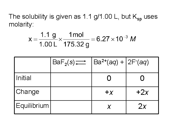 The solubility is given as 1. 1 g/1. 00 L, but Ksp uses molarity: The solubility is given as 1. 1 g/1. 00 L, but Ksp uses molarity: