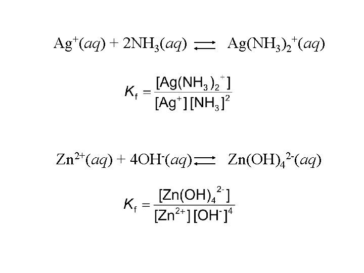 Ag+(aq) + 2 NH 3(aq) Ag(NH 3)2+(aq) Zn 2+(aq) + 4 OH-(aq) Zn(OH)42 -(aq)
