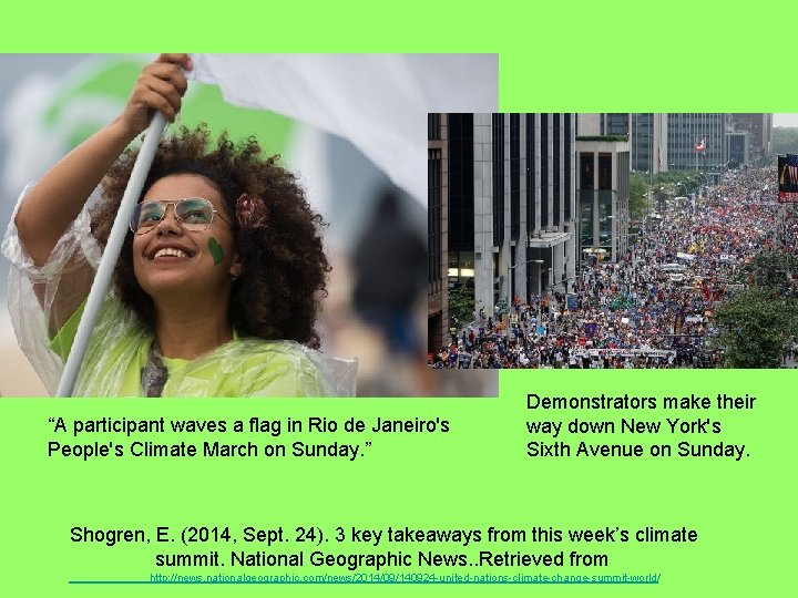 “A participant waves a flag in Rio de Janeiro's People's Climate March on Sunday.