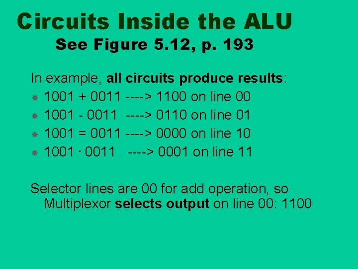 Circuits Inside the ALU See Figure 5. 12, p. 193 In example, all circuits