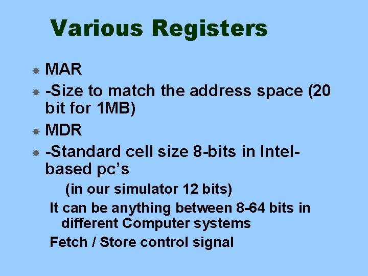 Various Registers MAR -Size to match the address space (20 bit for 1 MB)