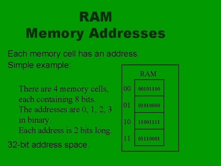 RAM Memory Addresses Each memory cell has an address. Simple example: There are 4 RAM Memory Addresses Each memory cell has an address. Simple example: There are 4
