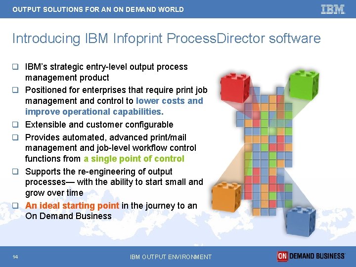 OUTPUT SOLUTIONS FOR AN ON DEMAND WORLD Introducing IBM Infoprint Process. Director software q