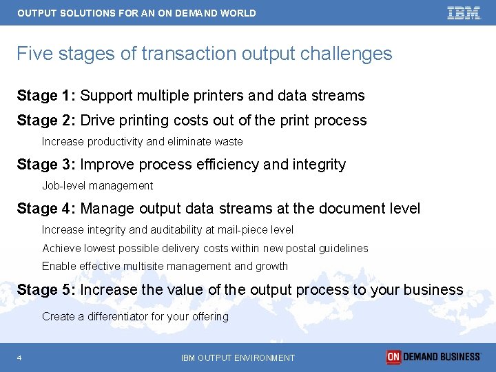 OUTPUT SOLUTIONS FOR AN ON DEMAND WORLD Five stages of transaction output challenges Stage