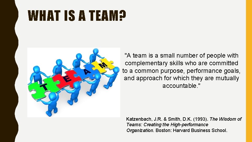 WHAT IS A TEAM? "A team is a small number of people with complementary