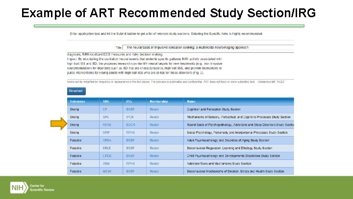 Example of ART Recommended Study Section/IRG 