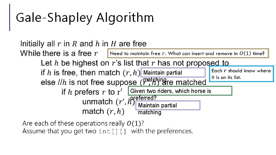Gale-Shapley Algorithm Maintain partial matching Given two riders, which horse is preferred? Maintain partial