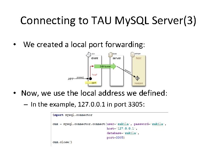 Connecting to TAU My. SQL Server(3) • We created a local port forwarding: •