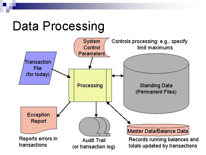 Data Processing System Control Parameters Controls processing: e. g. , specify limit maximums Transaction
