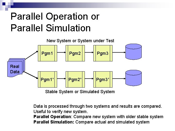 Parallel Operation or Parallel Simulation New System or System under Test Pgm 1 Pgm