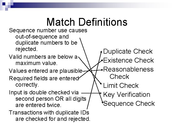 Match Definitions Sequence number use causes out-of-sequence and duplicate numbers to be rejected. Valid
