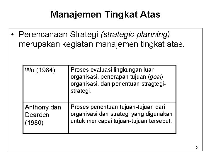 Manajemen Tingkat Atas • Perencanaan Strategi (strategic planning) merupakan kegiatan manajemen tingkat atas. Wu