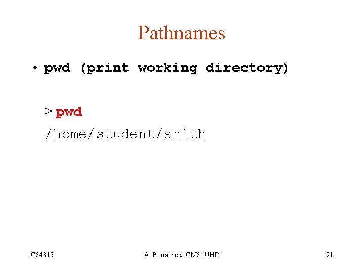 Pathnames • pwd (print working directory) > pwd /home/student/smith CS 4315 A. Berrached: :