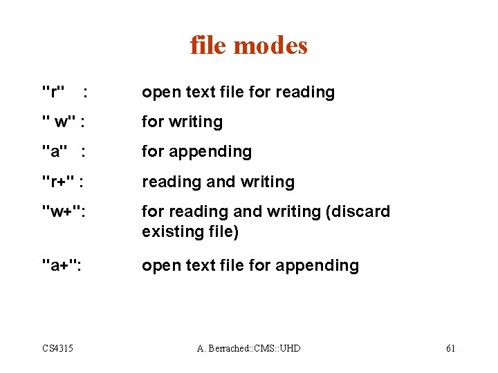 file modes "r" : open text file for reading " w" : for writing