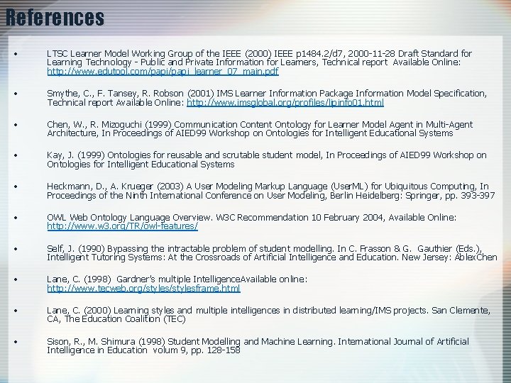 References • LTSC Learner Model Working Group of the IEEE (2000) IEEE p 1484.