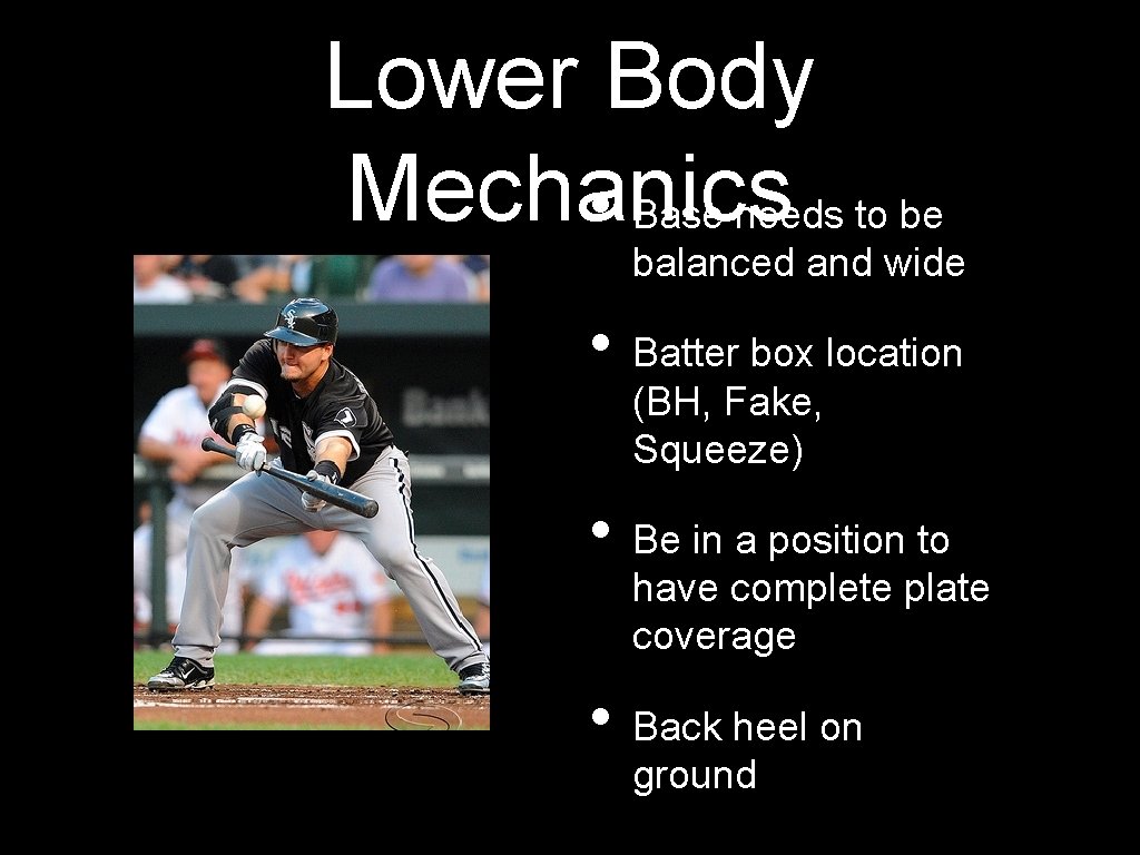 Lower Body Mechanics • Base needs to be balanced and wide • Batter box