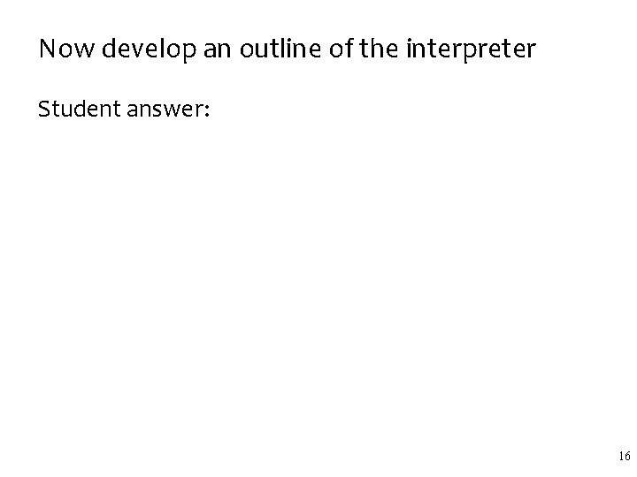 Now develop an outline of the interpreter Student answer: 16 Now develop an outline of the interpreter Student answer: 16