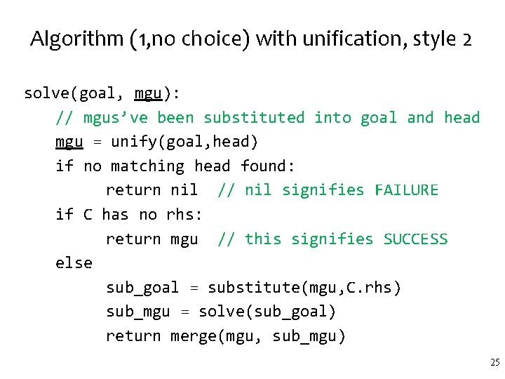 Algorithm (1, no choice) with unification, style 2 solve(goal, mgu): // mgus’ve been substituted Algorithm (1, no choice) with unification, style 2 solve(goal, mgu): // mgus’ve been substituted