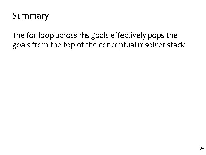 Summary The for-loop across rhs goals effectively pops the goals from the top of Summary The for-loop across rhs goals effectively pops the goals from the top of