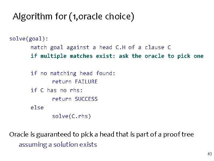 Algorithm for (1, oracle choice) solve(goal): match goal against a head C. H of Algorithm for (1, oracle choice) solve(goal): match goal against a head C. H of